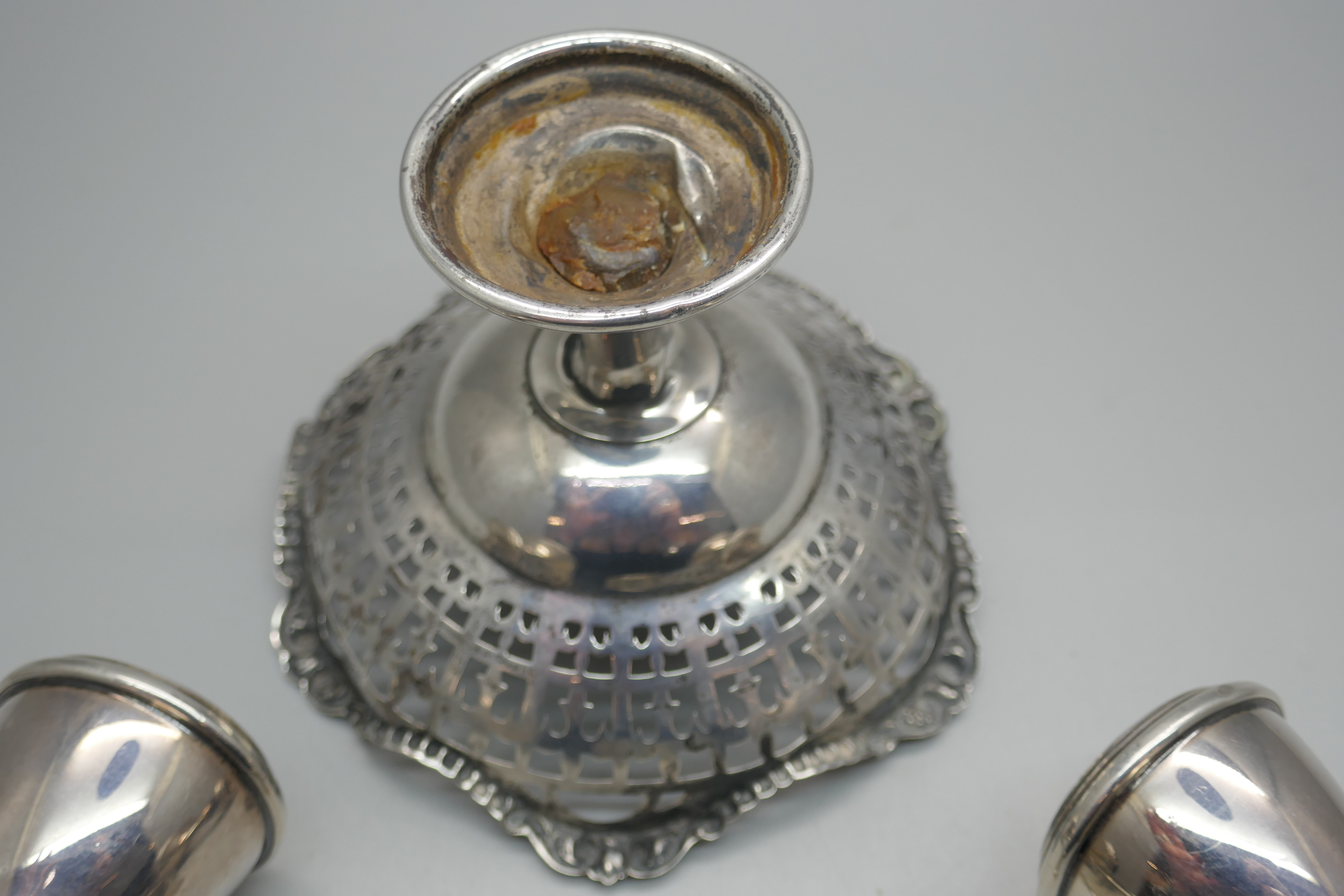 A pair of silver dwarf candlesticks, a silver pedestal bon-bon dish and a silver napkin ring, ( - Image 4 of 6
