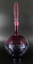 Bob Crooks, a spiral glass decanter in pale blue and cranberry, engraved signature to the base, 36cm