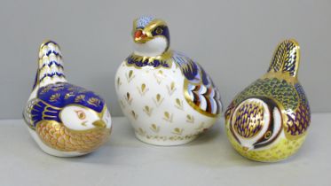 Three Royal Crown Derby paperweights, Red Legged Partridge, Blue Tit and Wren, gold stoppers, boxed