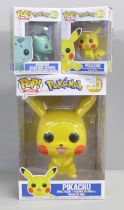 3 Pokemon pop funkos, Jumbo Pikachu, Pikachu and Bulbasaur