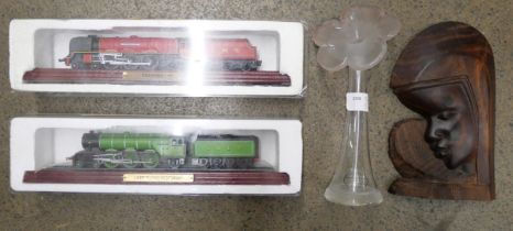 A Murano glass vase, a carved bust and two model railway locomotives **PLEASE NOTE THIS LOT IS NOT