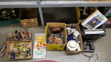 A box of LP records, three boxes of mixed china, ornaments, Capodimonte style figures, Noritake oval