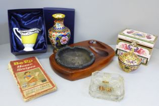 A mid Century Itlian ash tray, a cloisonne vase and pot, a Royal Worcester jug, boxed, etc.