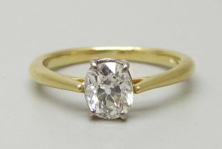 An 18ct gold and diamond ring, 0.82ct oval diamond, 2.4g, J, SI clarity, colour F