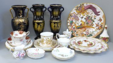 Royal Crown Derby, Royal Albert and other decorative china and three Greek tourist vases, two boxes