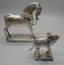Two Eastern white metal model animals, horse and water buffalo, both test as silver, 194g