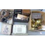 Three boxes of metalware tins, kettles, a radio, etc. **PLEASE NOTE THIS LOT IS NOT ELIGIBLE FOR