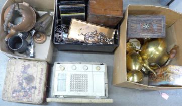 Three boxes of metalware tins, kettles, a radio, etc. **PLEASE NOTE THIS LOT IS NOT ELIGIBLE FOR