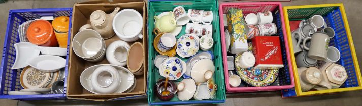 Five boxes of mixed china, Delft style planters, Mason's commemoratives, etc. **PLEASE NOTE THIS LOT