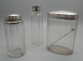 Three silver topped jars, including London 1899, (oval), and Birmingham 1897, (medium)