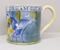 An 18th Century small mug, The Child's Dream, 5.5cm, a/f