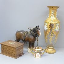 A Beswick shire horse, a carved wooden box and a Royal Crown Derby cup, a/f and a gilt glass vase