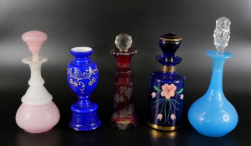 Five boxes of scent bottles including cut glass and coloured glass, some a/f