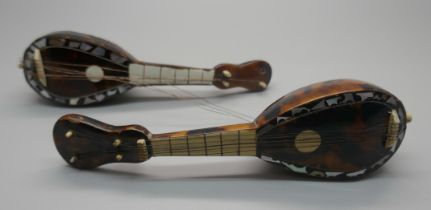 Two miniature mandolins, with tortoiseshell and mother of pearl