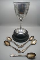 A set of five silver spoons, Midland Railway Rifle Club by Elkington & Co., 157g, and a plated Rifle