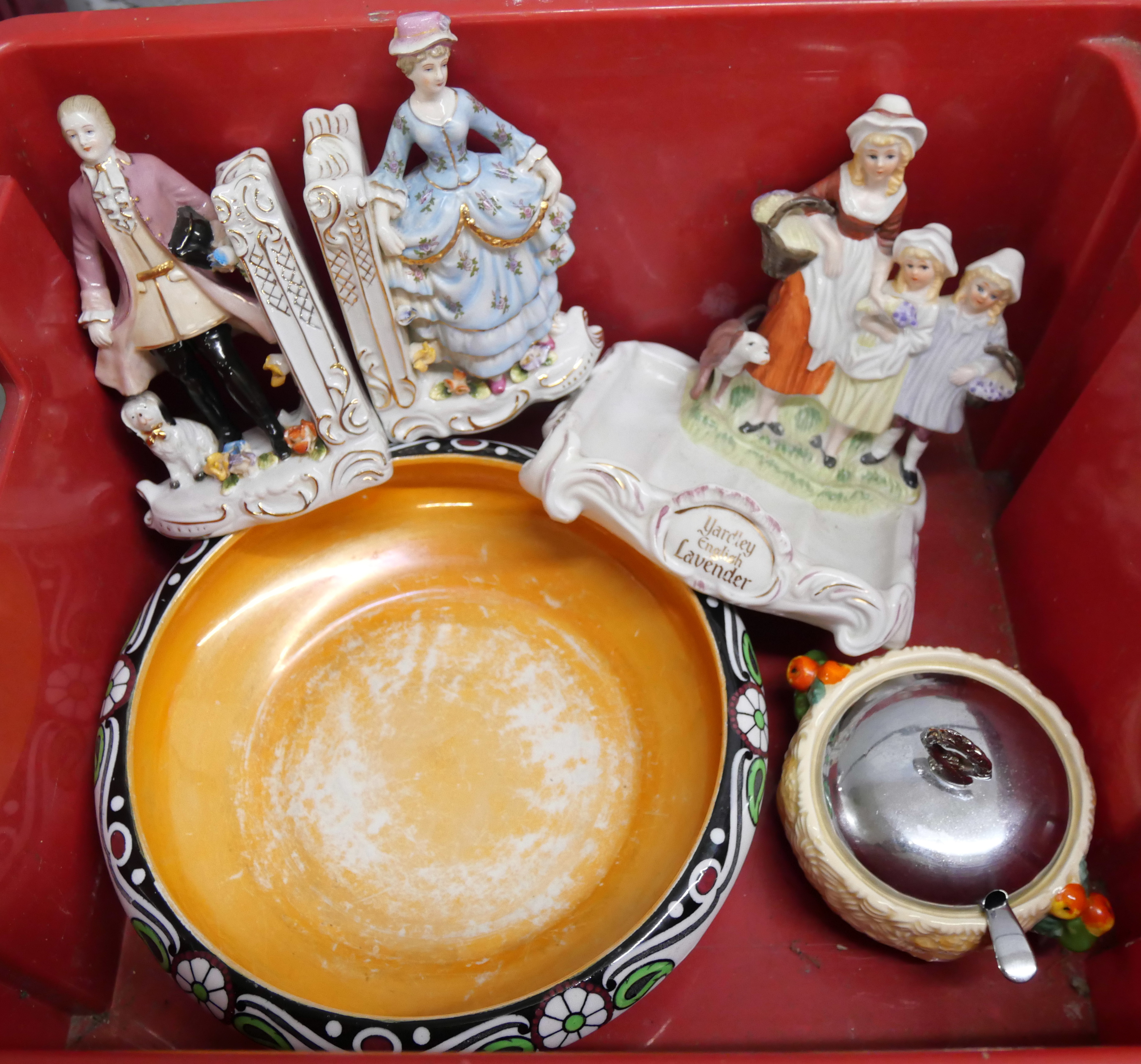 A modern Yardley Dish, a pair of figural bookends, a bowl and a preserve pot **PLEASE NOTE THIS