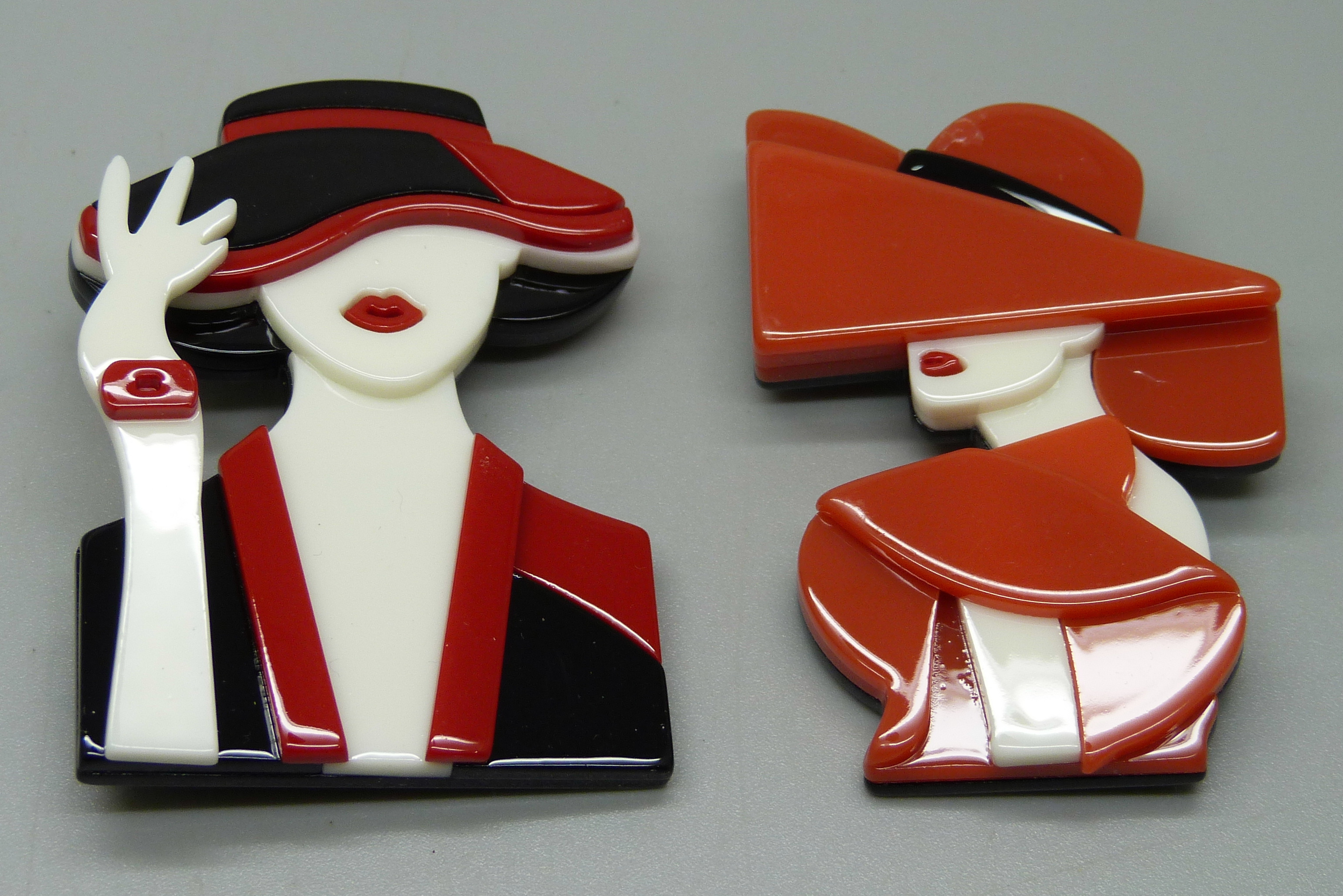 Two Art Deco style plastic brooches