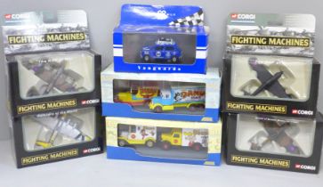 Four Corgi Fighting Machines model aircraft, Lledo Dandy and Beano model vehicles and a Lledo Mini