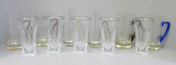 Five Rogaska crystal glasses and six various tall etched glasses