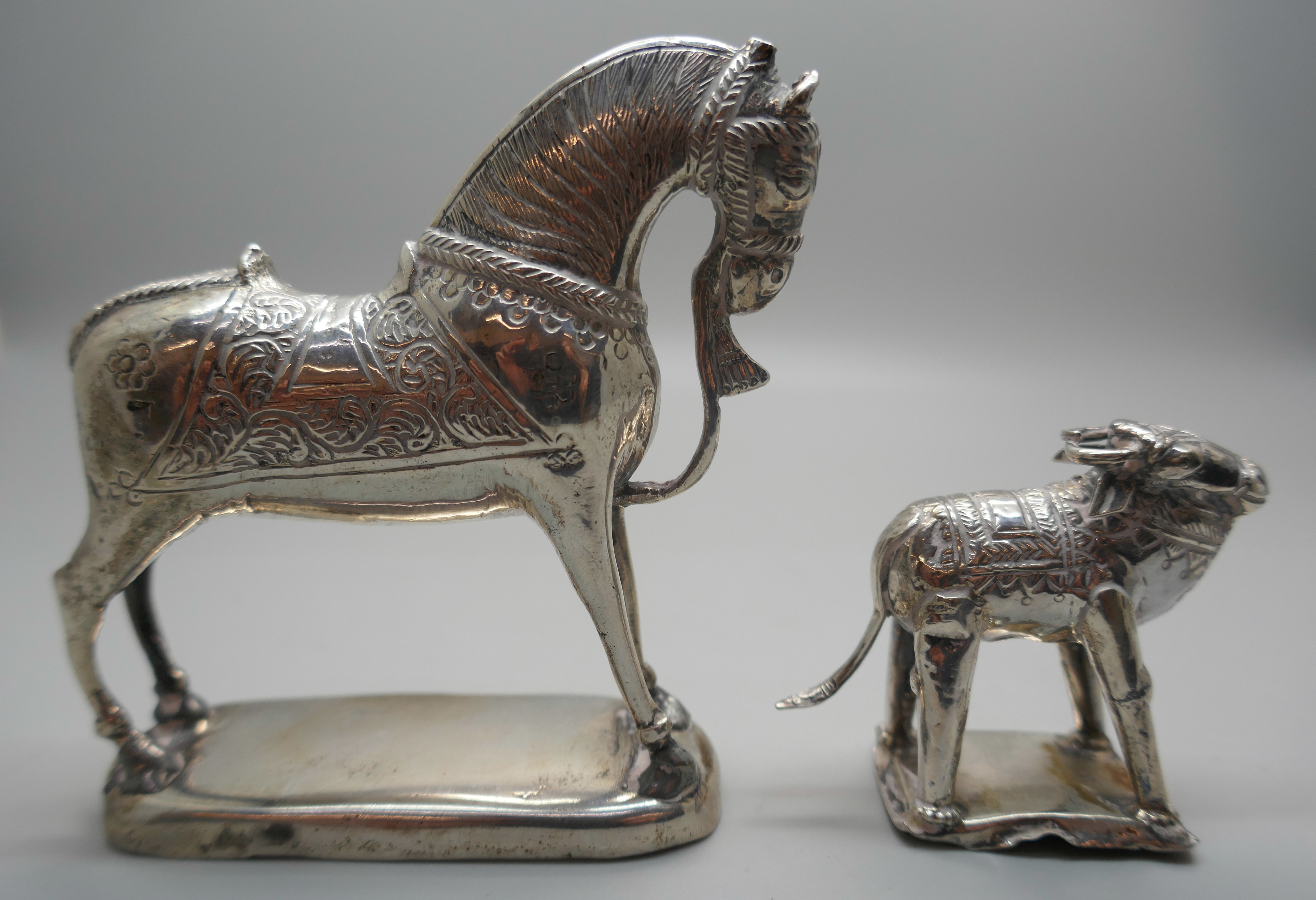 Two Eastern white metal model animals, horse and water buffalo, both test as silver, 194g - Image 4 of 4