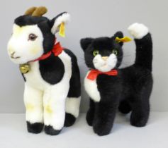 A vintage Steiff baby calf and kitten, made in Western German, 1970s