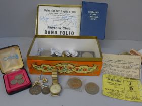 Coins, ink pens, wristwatches, ephemera including a Nottingham jazz programme signed by Humphrey