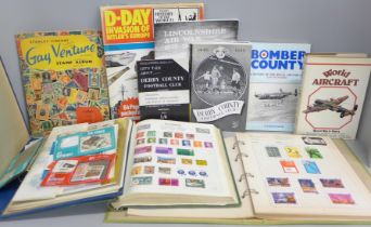 Four 20th Century stamp albums, aircraft and D-Day books, magazines and two Derby County