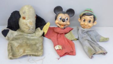 Three hand puppets, Mickey Mouse, Pinocchio and Sweep