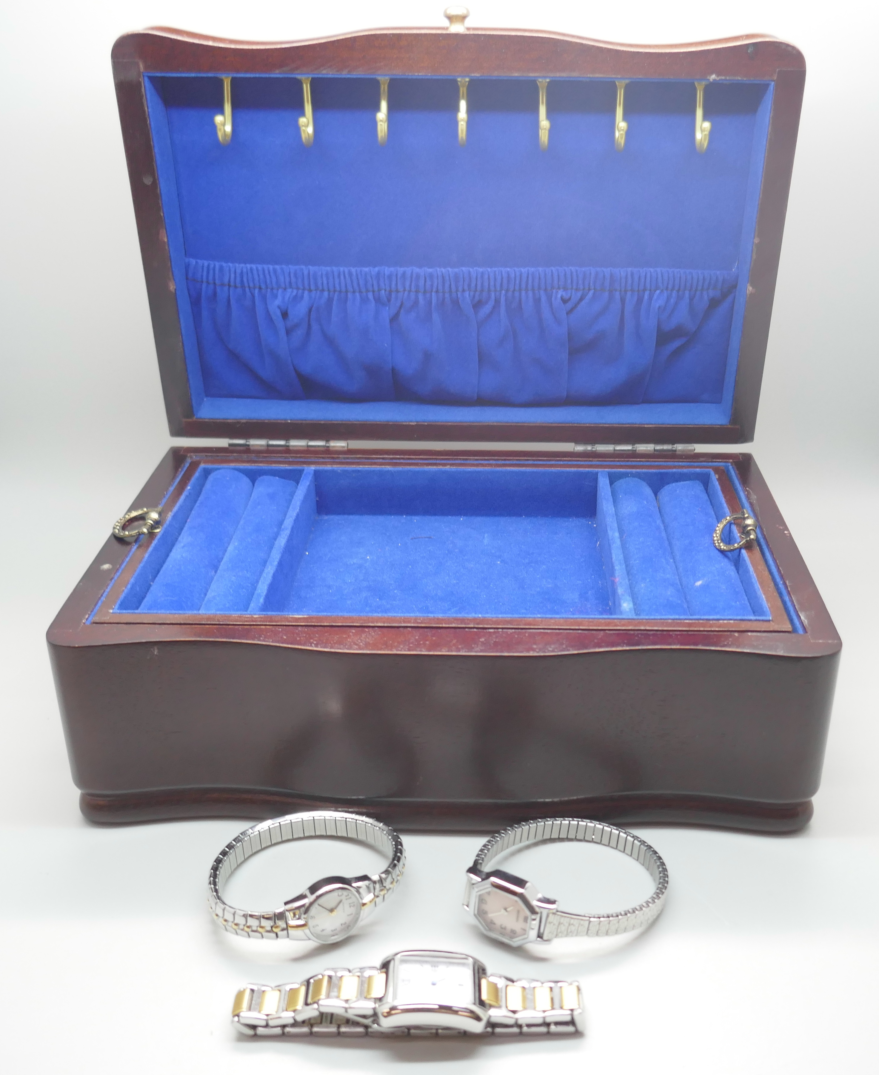 Three lady's wristwatches; Rotary and two Sekonda and a wooden two layer jewellery box