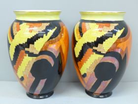 A pair of 1920s Carlton Ware Art Deco Jazz Stitch vases, 17cm