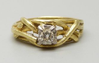 A yellow metal and diamond ring, hallmark worn, 4.6g, P