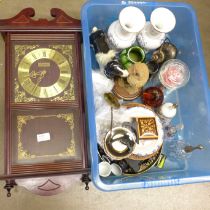 A wall clock and assorted decorative china and glass, a model owl, dog, etc. **PLEASE NOTE THIS