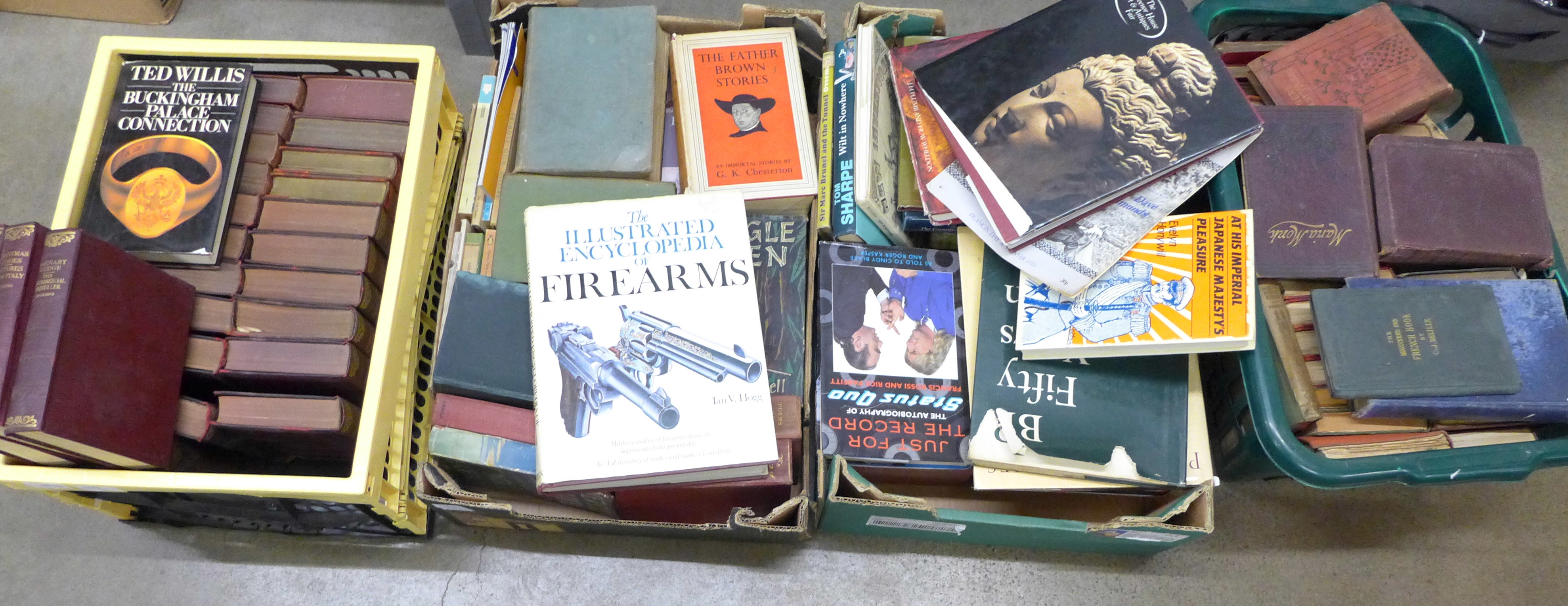 Four boxes of books; Dickens collection, Firearms Encyclopedia, History and novels **PLEASE NOTE