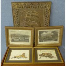 A collection of prints, a brass plaque depicting a ship and a framed portrait of a lady