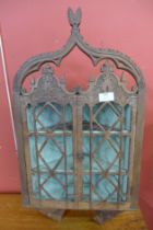 A Victorian poker work wooden wall hanging corner cabinet