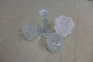 A collection of vinage Art Deco lamp shades and Victorian droplets, also a glass candlestick
