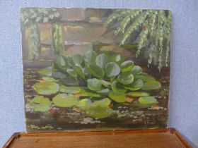 A painting of a lily pond, no frame