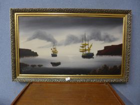 Morley Wescomb, coastal landscape with ships in view, oil on canvas, framed