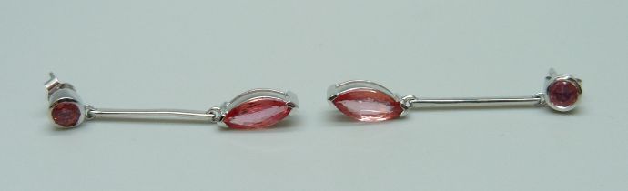 A pair of 18ct white gold pendant earrings set with pink sapphires, 4.8g