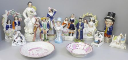 A collection of Staffordshire figures (12) plus a Sunderland lustre dish and saucer **PLEASE NOTE