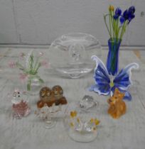 A collection of small glass ornaments and model animals, a costume doll, a toy rabbit, collectors