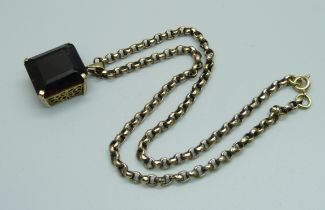 A smoky quartz pendant on a vintage plated chain, chain 39cm