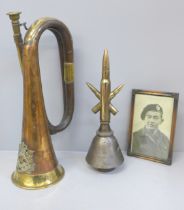 Trench art bullet paper weights, copper/brass bugle with Canadian/Scottish regimental badge and a