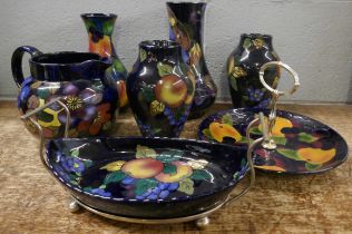 Stanley Ware Jacobean pottery; a pair of vases, two others, a jug, dish and cake stand **PLEASE NOTE
