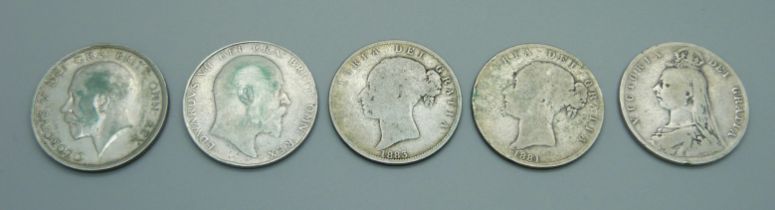 Five silver half-crowns, 1881, 1883, 1889, 1910 and 1916