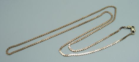 A rose colour chain on a 14ct yellow gold clasp, total weight 8g, 62cm