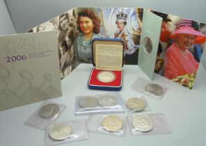 Coins; ten GB Queen Elizabeth II commemorative crowns, including four £5 and one 1977 silver crown
