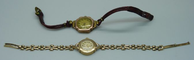 A lady's 9ct gold cased wristwatch with 9ct gold bracelet, weight without movement 9.4g, and one