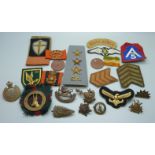 Military uniform cap and cloth badges including New Zealand fern and two dog tags