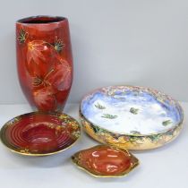 Four items of lustre china; Crown Devon and Carlton ware Rouge Royale dishes, a Grimwades bowl and